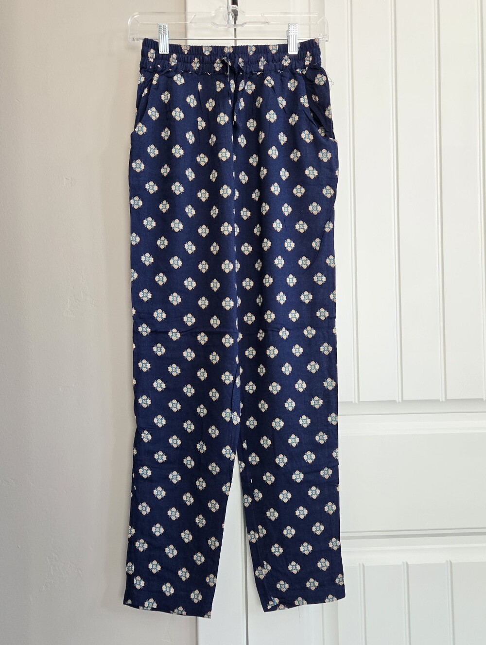 Women's Navy Printed Elastic-Waist Trousers